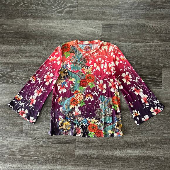 EUC Johnny Was Adalena Kimono Sleeve Tee Size XS Floral Dragon Print Stretch Top - Picture 10 of 12